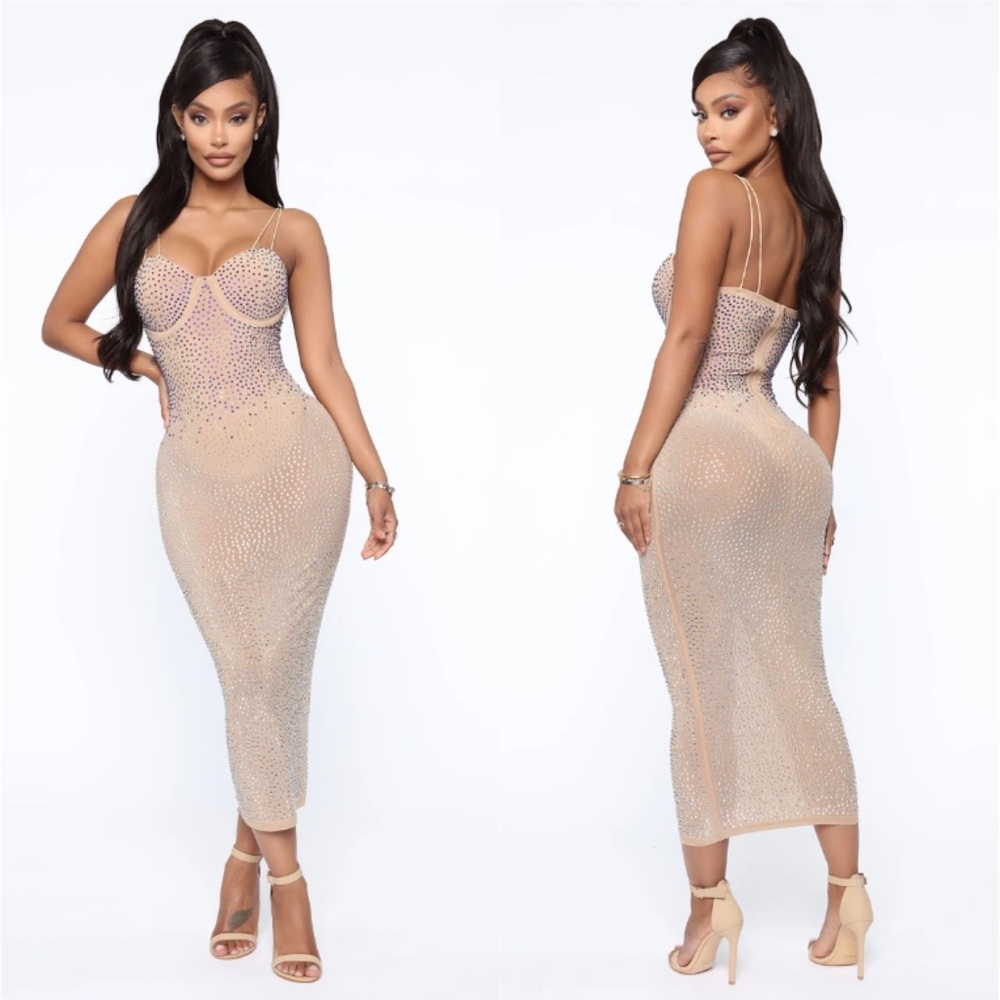 Nude Rhinestone Cupped Midi Dress